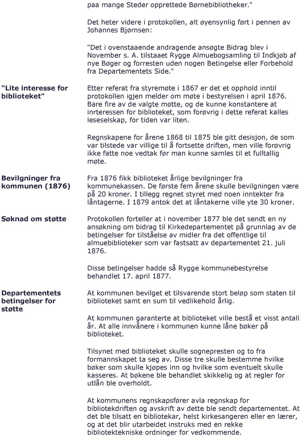 " "Lite interesse for biblioteket" Etter referat fra styremøte i 1867 er det et opphold inntil protokollen igjen melder om møte i bestyrelsen i april 1876.