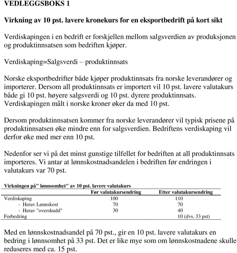 Verdiskaping=Salgsverdi produktinnsats Norske eksportbedrifter både kjøper produktinnsats fra norske leverandører og importerer. Dersom all produktinnsats er importert vil 10 pst.