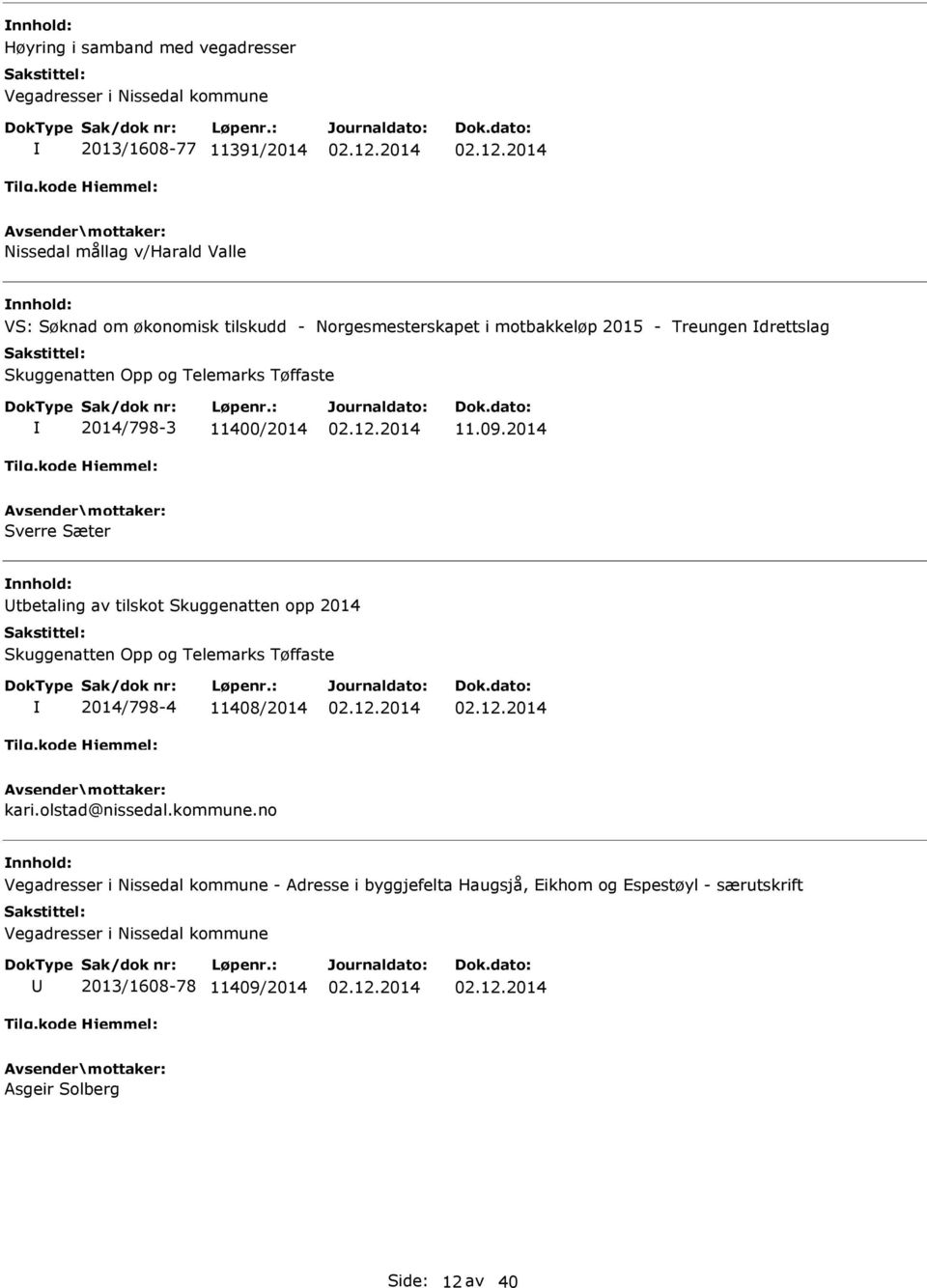 2014 Sverre Sæter tbetaling av tilskot Skuggenatten opp 2014 Skuggenatten Opp og Telemarks Tøffaste 2014/798-4 11408/2014 kari.olstad@nissedal.kommune.