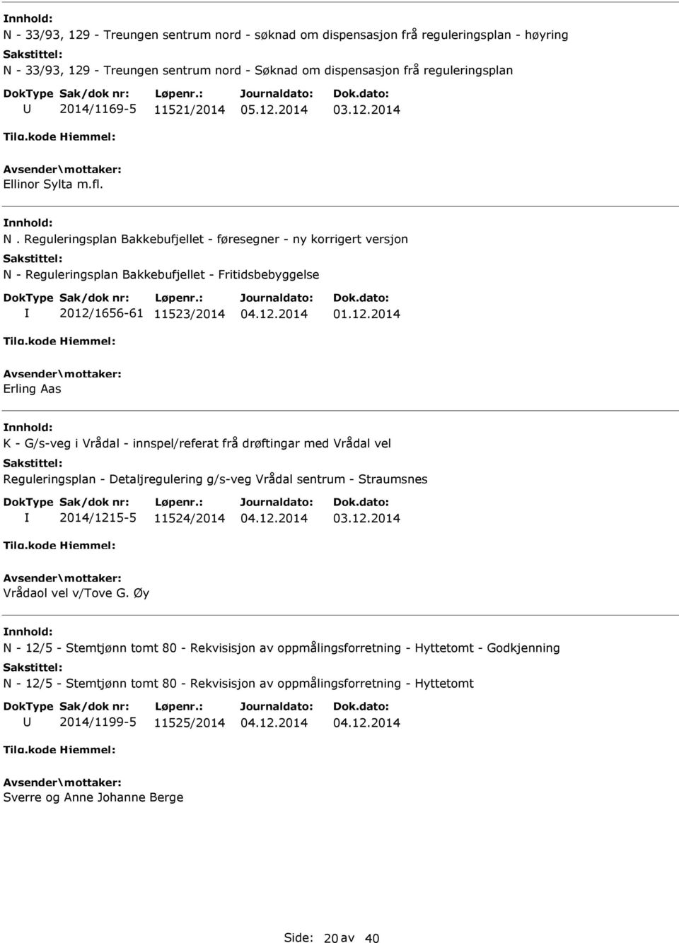 Reguleringsplan Bakkebufjellet - føresegner - ny korrigert versjon N - Reguleringsplan Bakkebufjellet - Fritidsbebyggelse 2012/1656-61 11523/2014 Erling Aas K - G/s-veg i Vrådal - innspel/referat frå