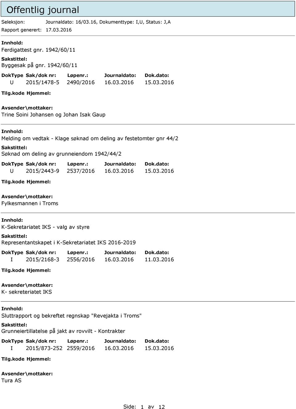 grunneiendom 1942/44/2 2015/2443-9 2537/2016 Fylkesmannen i Troms K-Sekretariatet KS - valg av styre Representantskapet i K-Sekretariatet KS 2016-2019 2015/2168-3