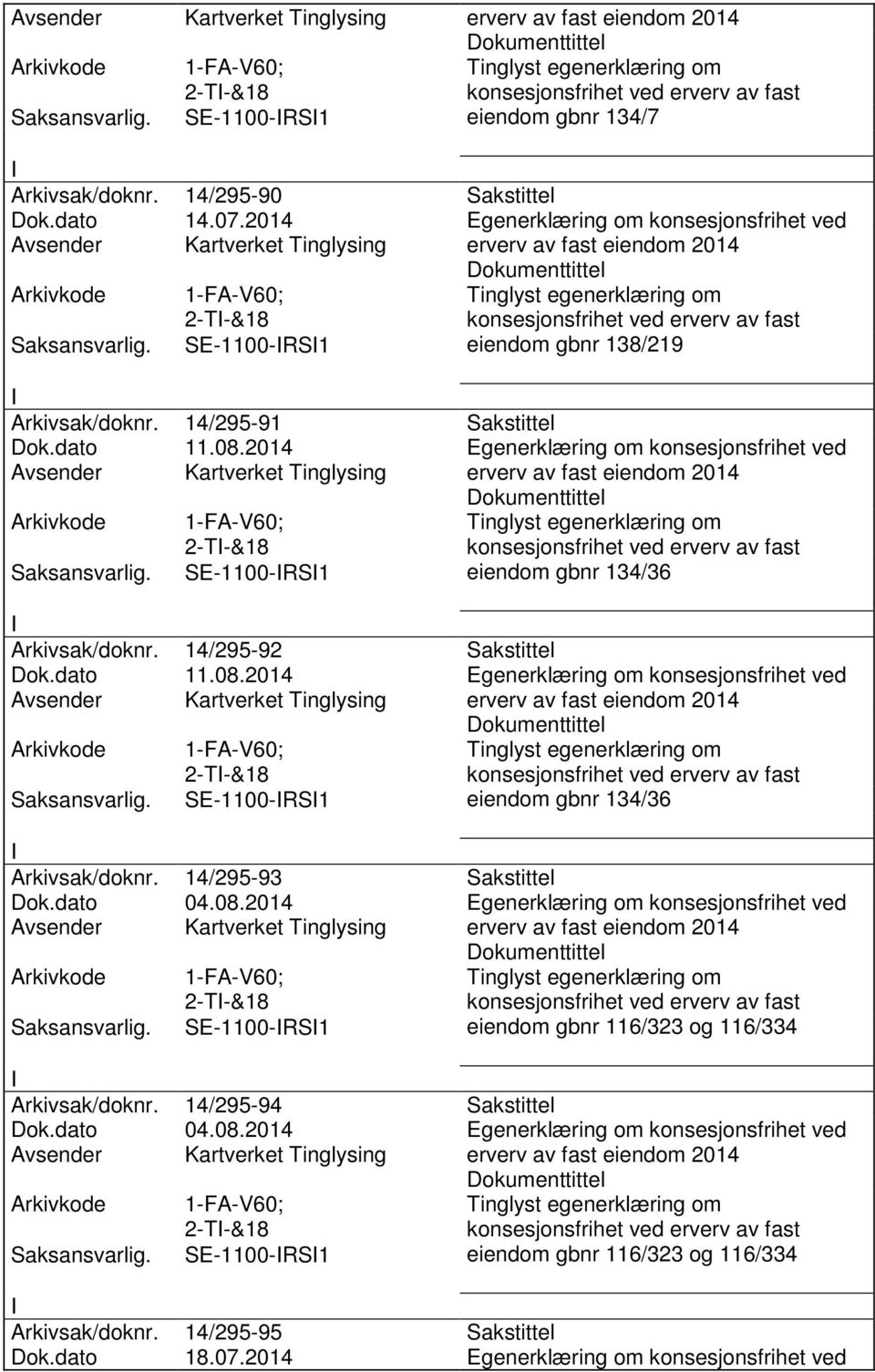 dato 04.08.2014 Egenerklæring om konsesjonsfrihet ved 2-T-&18 SE-1100-RS1 eiendom gbnr 116/323 og 116/334 Arkivsak/doknr. 14/295-94 Sakstittel Dok.dato 04.08.2014 Egenerklæring om konsesjonsfrihet ved 2-T-&18 SE-1100-RS1 eiendom gbnr 116/323 og 116/334 Arkivsak/doknr. 14/295-95 Sakstittel Dok.