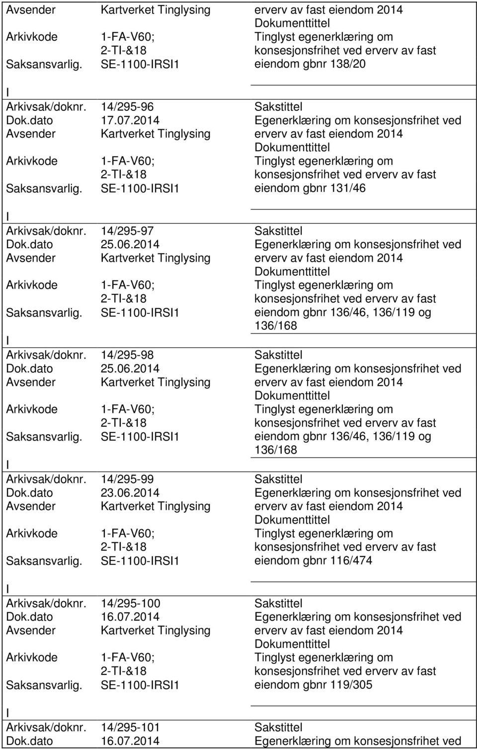 dato 23.06.2014 Egenerklæring om konsesjonsfrihet ved 2-T-&18 SE-1100-RS1 eiendom gbnr 116/474 Arkivsak/doknr. 14/295-100 Sakstittel Dok.dato 16.07.