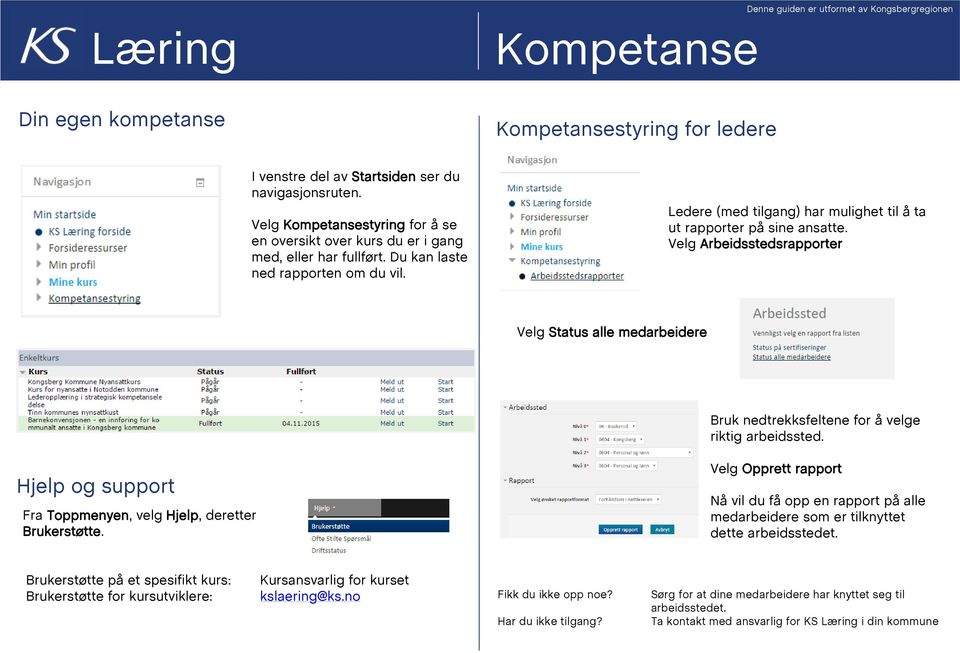 Ledere (med tilgang) har mulighet til å ta ut rapporter på sine ansatte. Velg Arbeidsstedsrapporter Velg Status alle medarbeidere Bruk nedtrekksfeltene for å velge riktig arbeidssted.