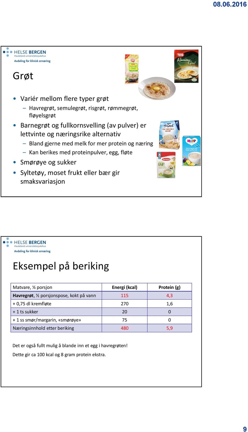 smaksvariasjon Eksempel på beriking Matvare, ½ porsjon Energi (kcal) Protein (g) Havregrøt, ½ porsjonspose, kokt på vann 115 4,3 + 0,75 dl kremfløte 270 1,6 + 1 ts