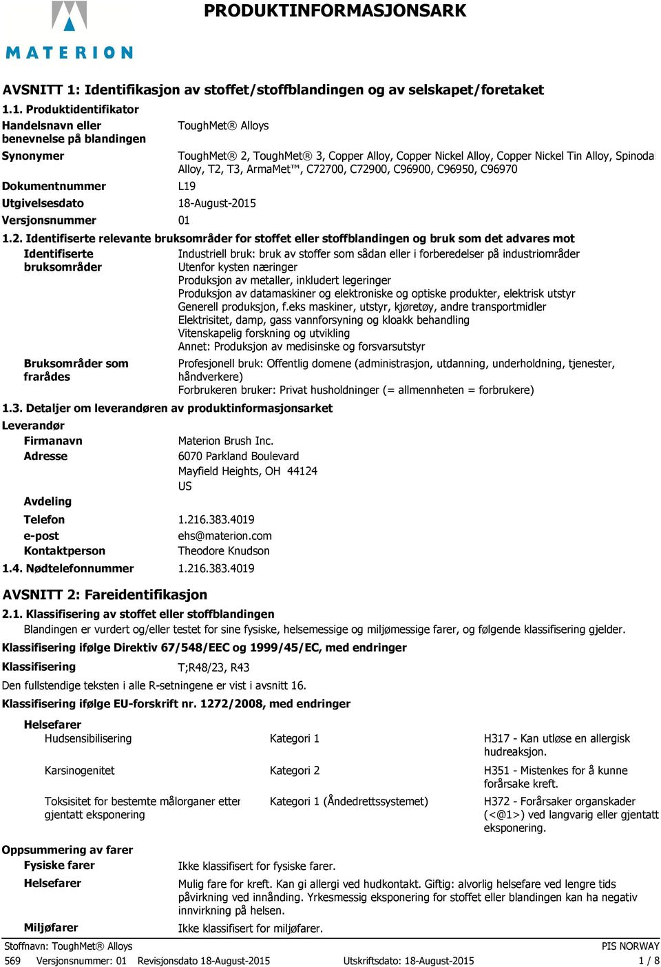 1. Produktidentifikator Handelsnavn eller benevnelse på blandingen Synonymer Dokumentnummer Utgivelsesdato Versjonsnummer ToughMet Alloys ToughMet 2, ToughMet 3, Copper Alloy, Copper Nickel Alloy,