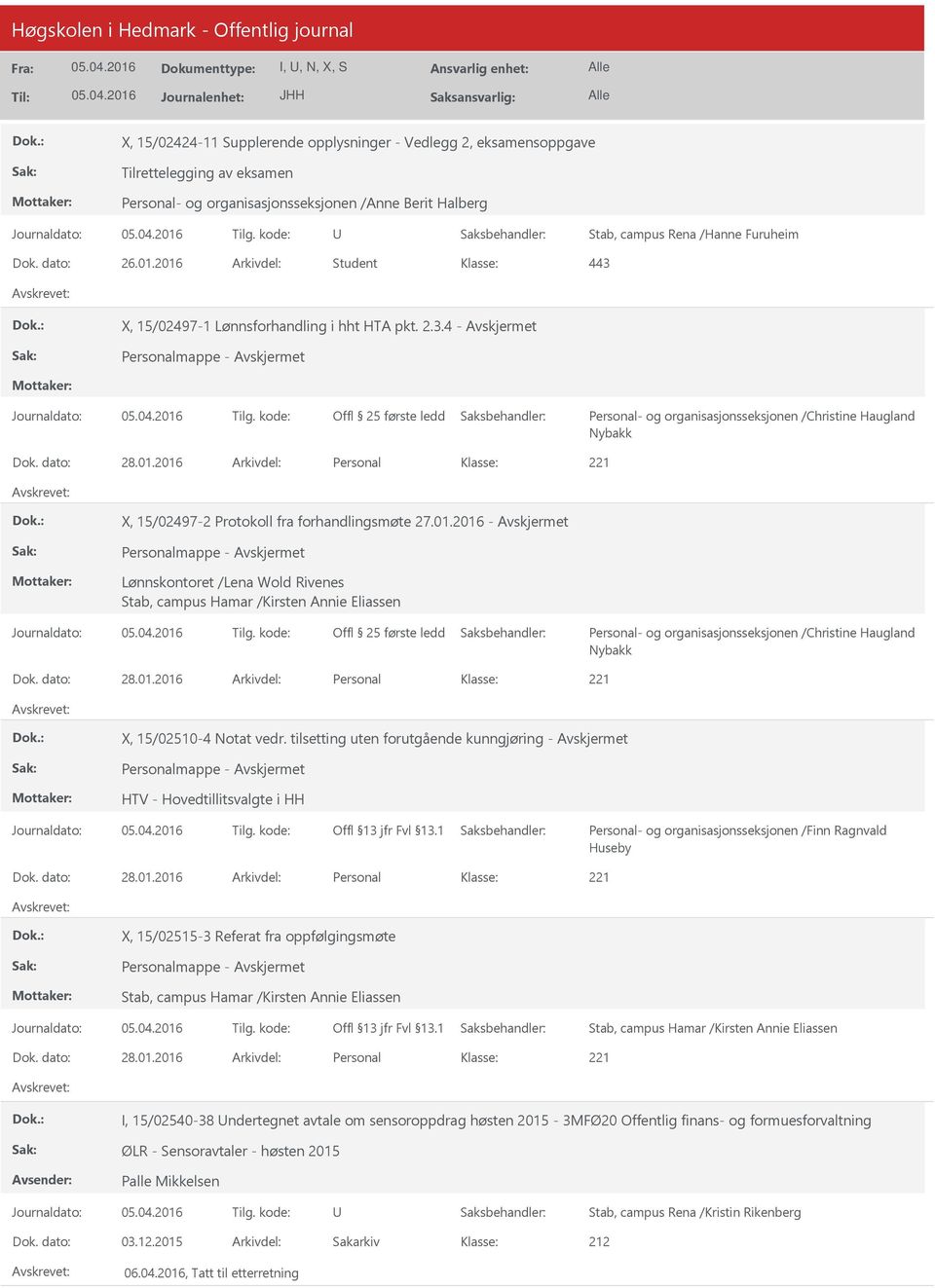 01.2016 - Avskjermet Lønnskontoret /Lena Wold Rivenes Personal- og organisasjonsseksjonen /Christine Haugland Nybakk X, 15/02510-4 Notat vedr.