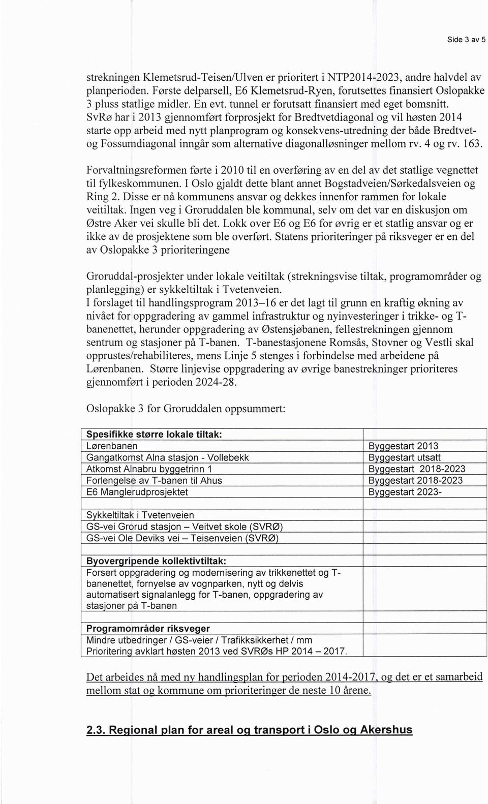 SvRø har i 2013 gjennomført forprosjekt for Bredtvetdiagonal og vil høsten 2014 starte opp arbeid med nytt planprogram og konsekvens-utredning der både Bredtvetog Fossumdiagonal inngår som