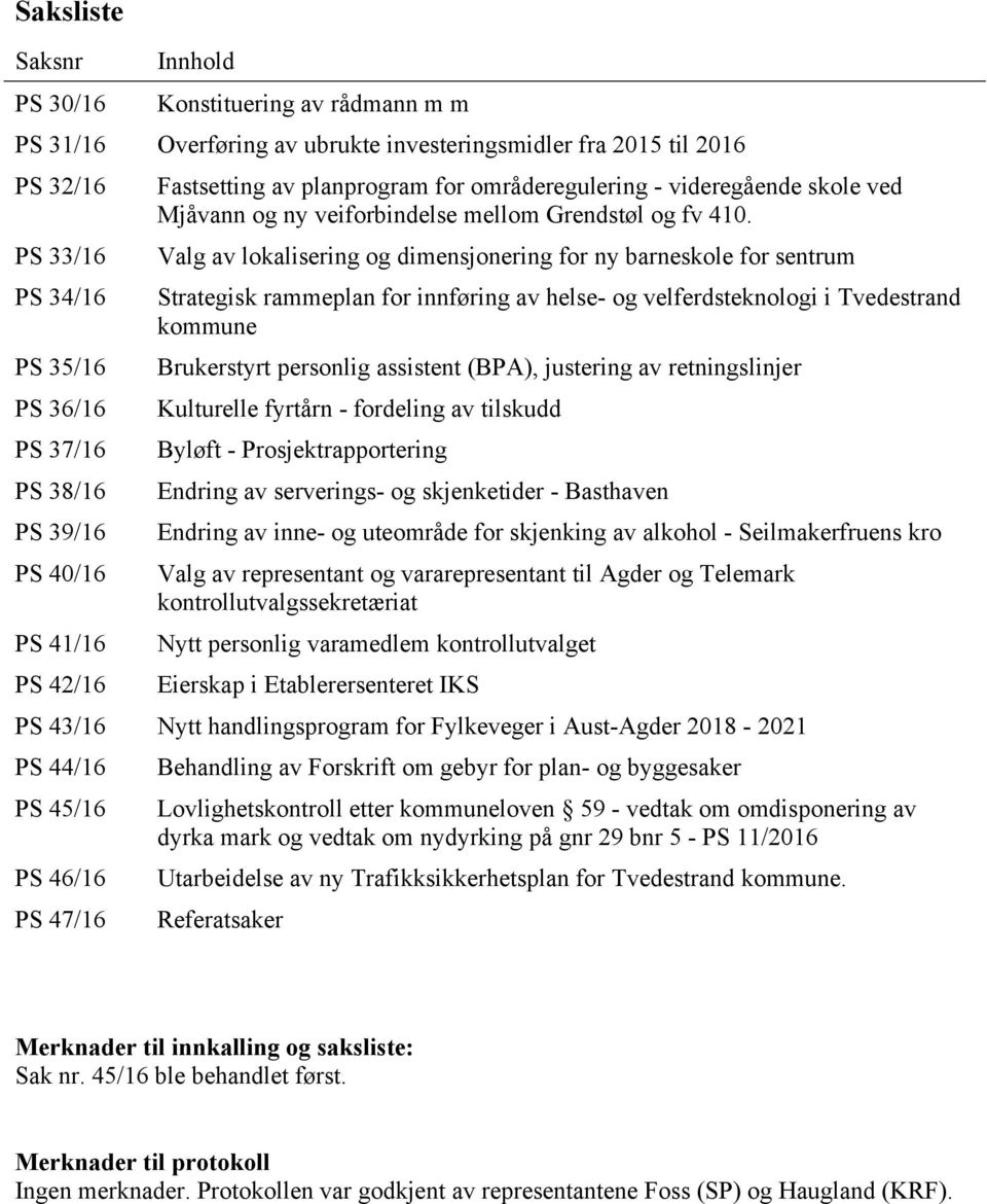 Valg av lokalisering og dimensjonering for ny barneskole for sentrum Strategisk rammeplan for innføring av helse- og velferdsteknologi i Tvedestrand kommune Brukerstyrt personlig assistent (BPA),