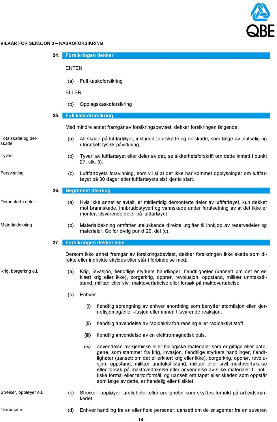 plutselig og uforutsett fysisk påvirkning. Tyveri Tyveri av luftfartøyet eller deler av det, se sikkerhetsforskrift om dette inntatt i punkt 27, stk.