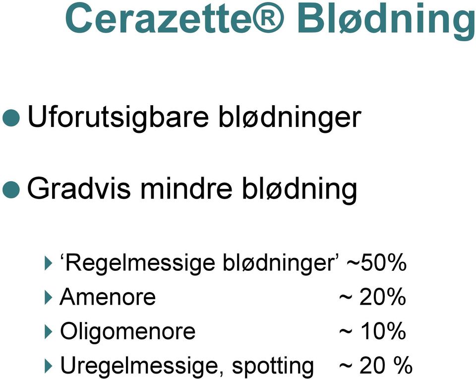 Regelmessige blødninger ~50% Amenore ~