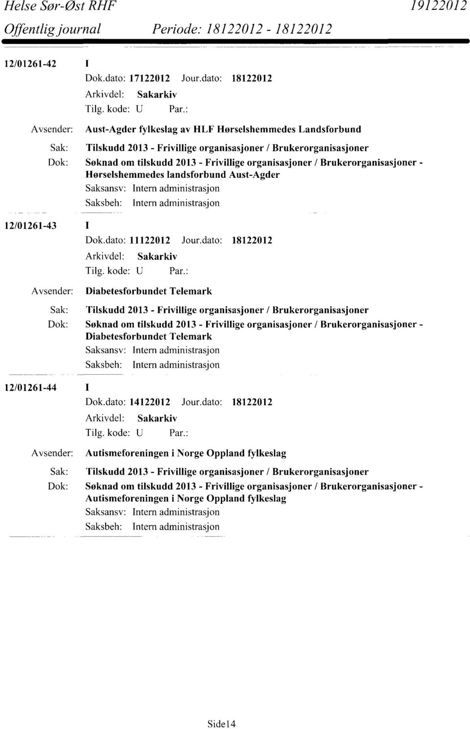 / Brukerorganisasjoner - Hørselshemmedes landsforbund Aust-Agder Saksansv: Intern administrasjon Saksbeh: Intern administrasjon Dok.dato: 11122012 Jour.