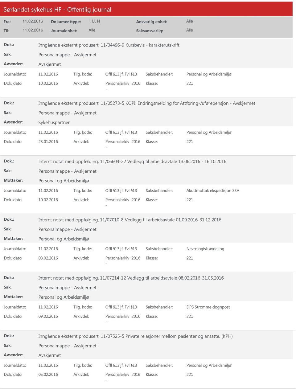 06.2016 16.10.2016 Personalmappe Akuttmottak ekspedisjon SSA Dok. dato: 10.02.2016 Arkivdel: Personalarkiv 2016 Klasse: Internt notat med oppfølging, 11/070108 Vedlegg til arbeidsavtale 01.09.201631.