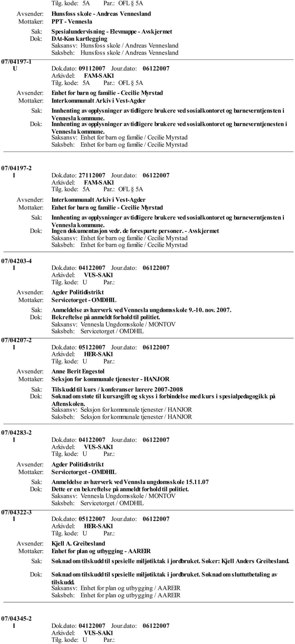 Vennesla kommune. Innhenting av opplysninger av tidligere brukere ved sosialkontoret og barneverntjenesten i Vennesla kommune.