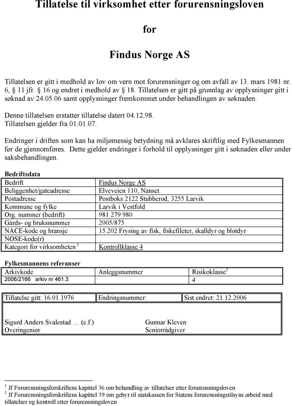 Denne tillatelsen erstatter tillatelse datert 04.12.98. Tillatelsen gjelder fra 01.01.07.