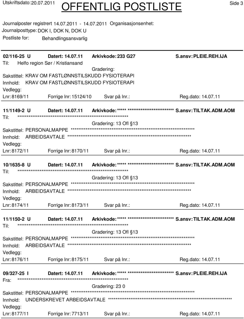 07.11 11/1149-2 U Datert: 14.07.11 Arkivkode:***** ****************************** S.ansv: TILTAK.ADM.AOM 13 Ofl 13 Lnr: 8172/11 Forrige lnr: 8170/11 Svar på lnr.: Reg.dato: 14.07.11 10/1635-8 U Datert: 14.