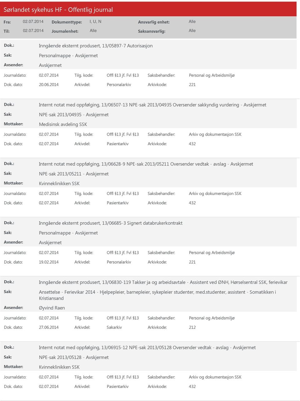 dato: Arkivdel: Pasientarkiv Arkivkode: 432 Internt notat med oppfølging, 13/06628-9 NPE-sak 2013/05211 Oversender vedtak - avslag - NPE-sak 2013/05211 - Kvinneklinikken SSK Dok.