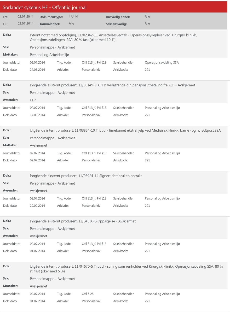 2014 Arkivdel: Personalarkiv Arkivkode: 221 tgående internt produsert, 11/03854-10 Tilbud - timelønnet ekstrahjelp ved Medisinsk klinikk, barne -og nyfødtpost,ssa. Dok.