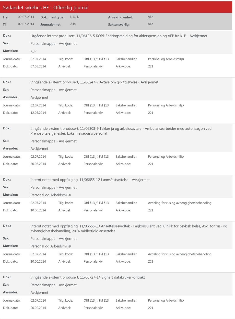 2014 Arkivdel: Personalarkiv Arkivkode: 221 Inngående eksternt produsert, 11/06308-9 Takker ja og arbeidsavtale - Ambulansearbeider med autorisasjon ved Prehospitale tjenester, Lokal