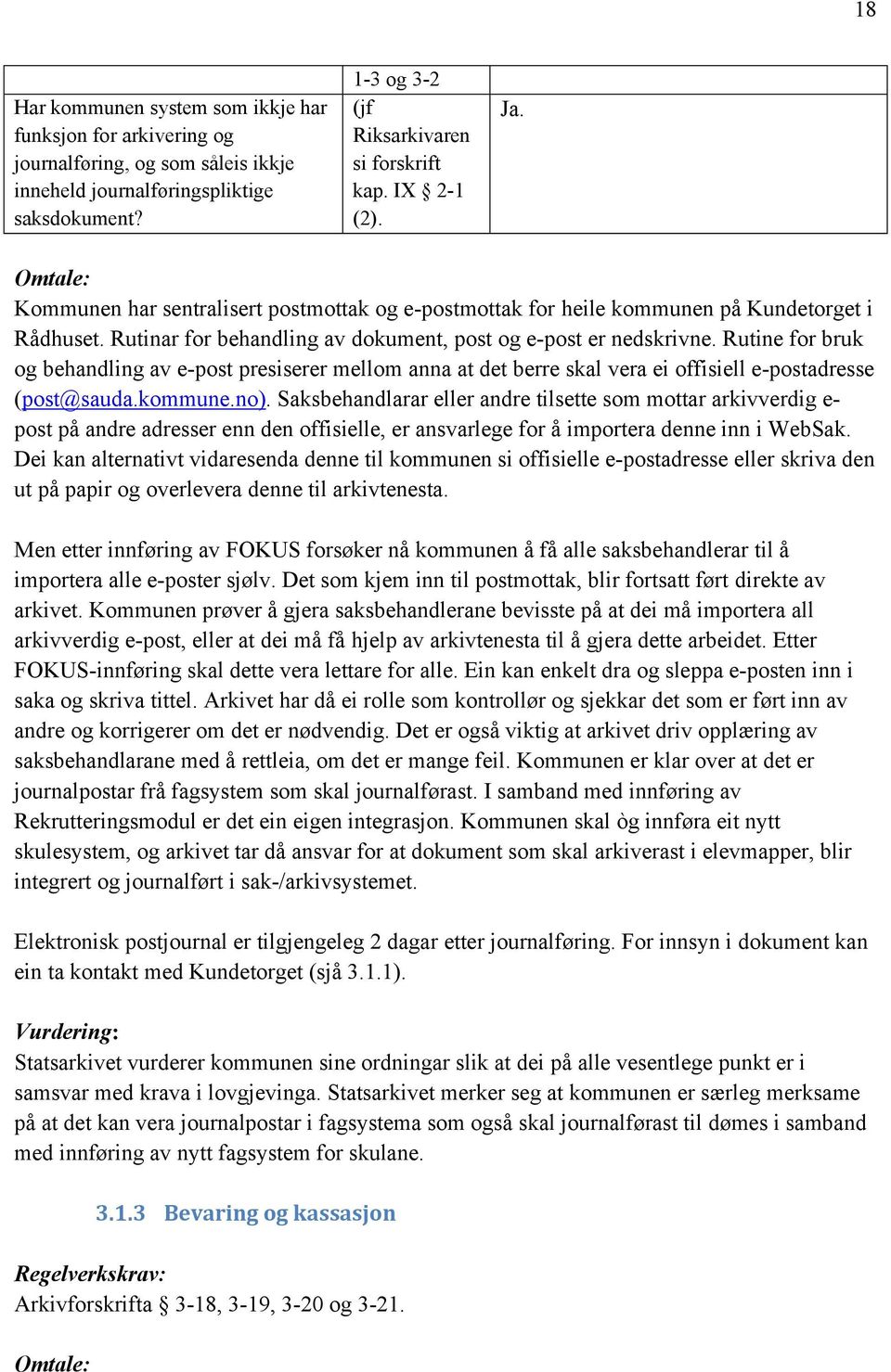 Rutine for bruk og behandling av e-post presiserer mellom anna at det berre skal vera ei offisiell e-postadresse (post@sauda.kommune.no).