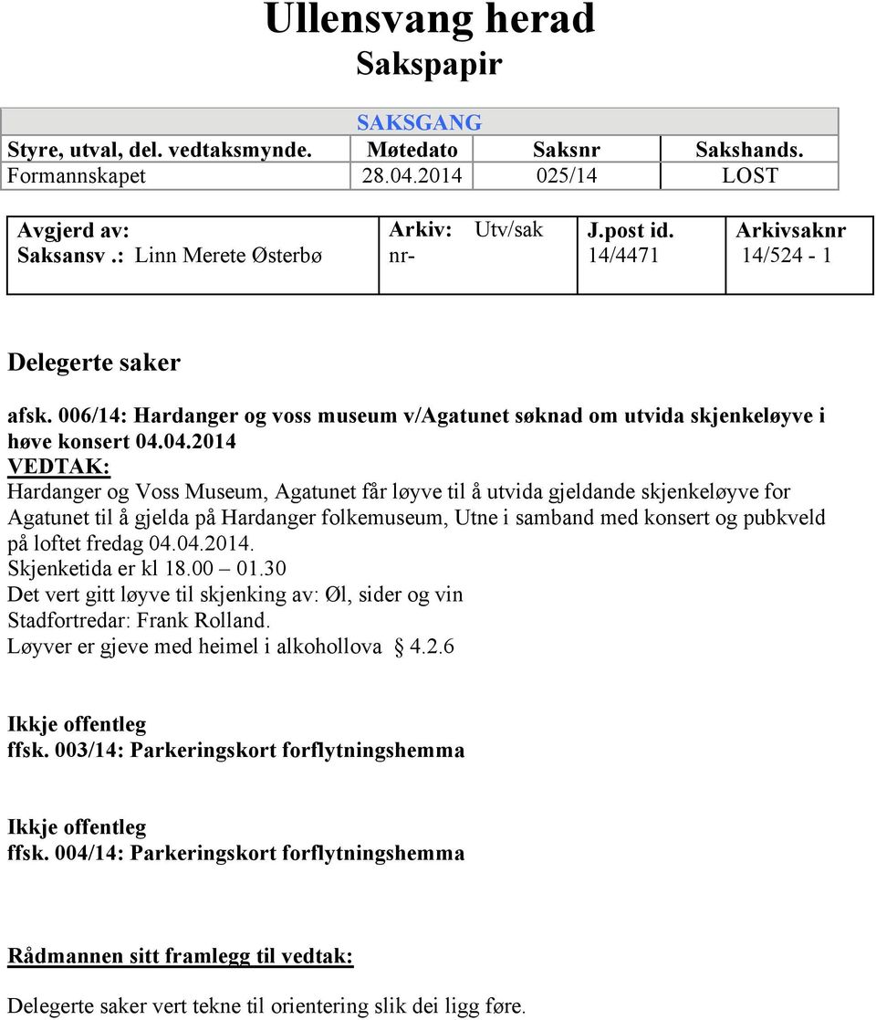 04.2014 VEDTAK: Hardanger og Voss Museum, Agatunet får løyve til å utvida gjeldande skjenkeløyve for Agatunet til å gjelda på Hardanger folkemuseum, Utne i samband med konsert og pubkveld på loftet