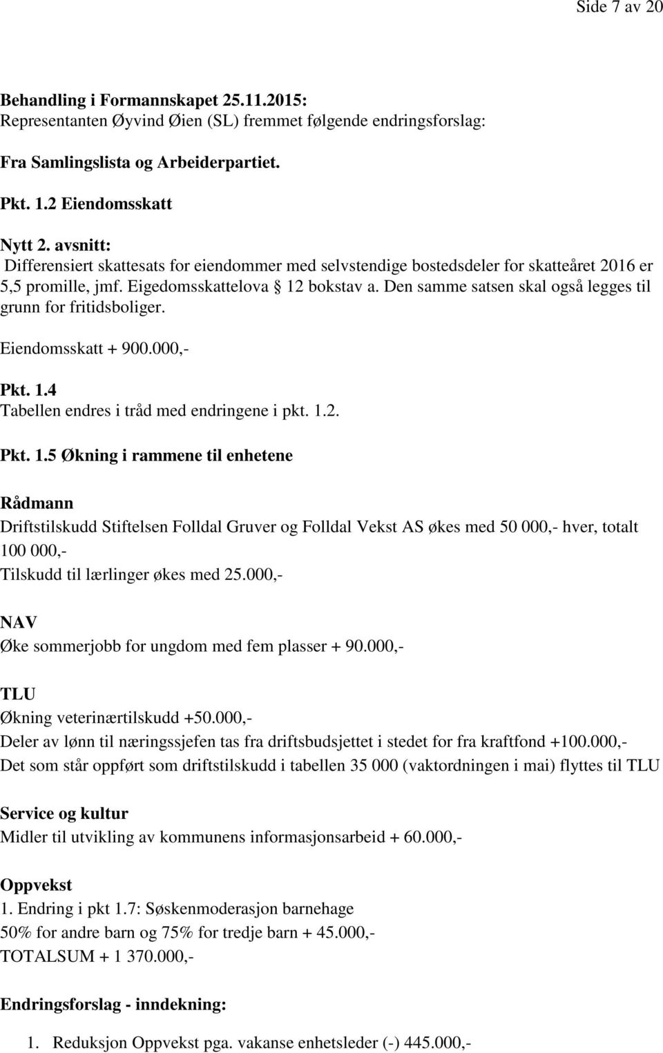 Den samme satsen skal også legges til grunn for fritidsboliger. Eiendomsskatt + 900.000,- Pkt. 1.