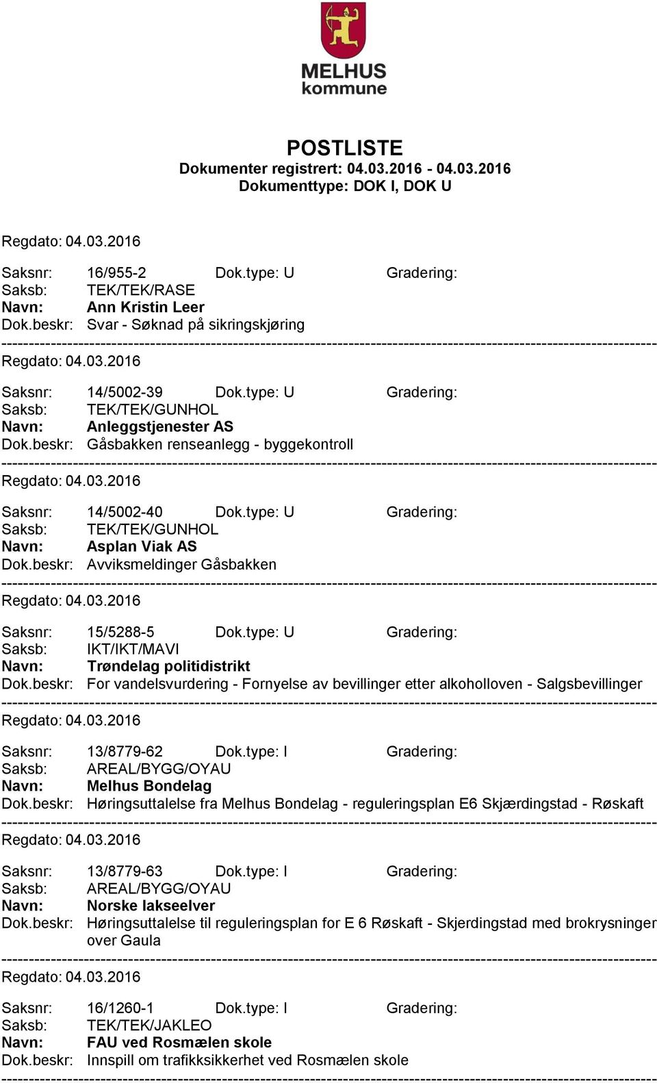 type: U Gradering: Saksb: TEK/TEK/GUNHOL Navn: Asplan Viak AS Dok.beskr: Avviksmeldinger Gåsbakken Saksnr: 15/5288-5 Dok.type: U Gradering: Navn: Trøndelag politidistrikt Dok.