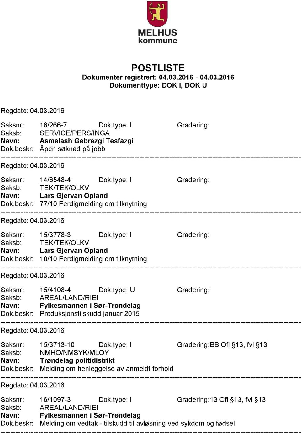 type: U Gradering: Saksb: AREAL/LAND/RIEI Navn: Fylkesmannen i Sør-Trøndelag Dok.beskr: Produksjonstilskudd januar 2015 Saksnr: 15/3713-10 Dok.