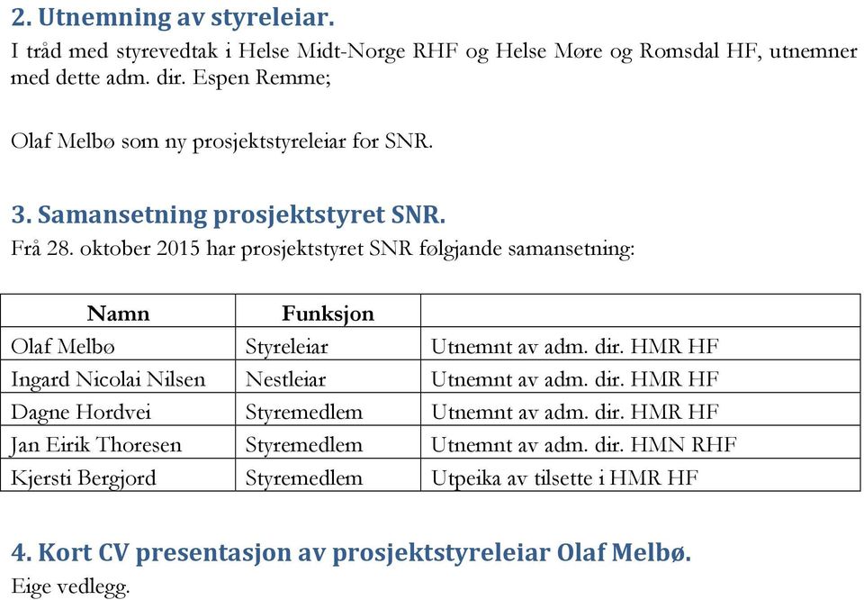 oktober 2015 har prosjektstyret SNR følgjande samansetning: Namn Funksjon Styreleiar Utnemnt av adm. dir.