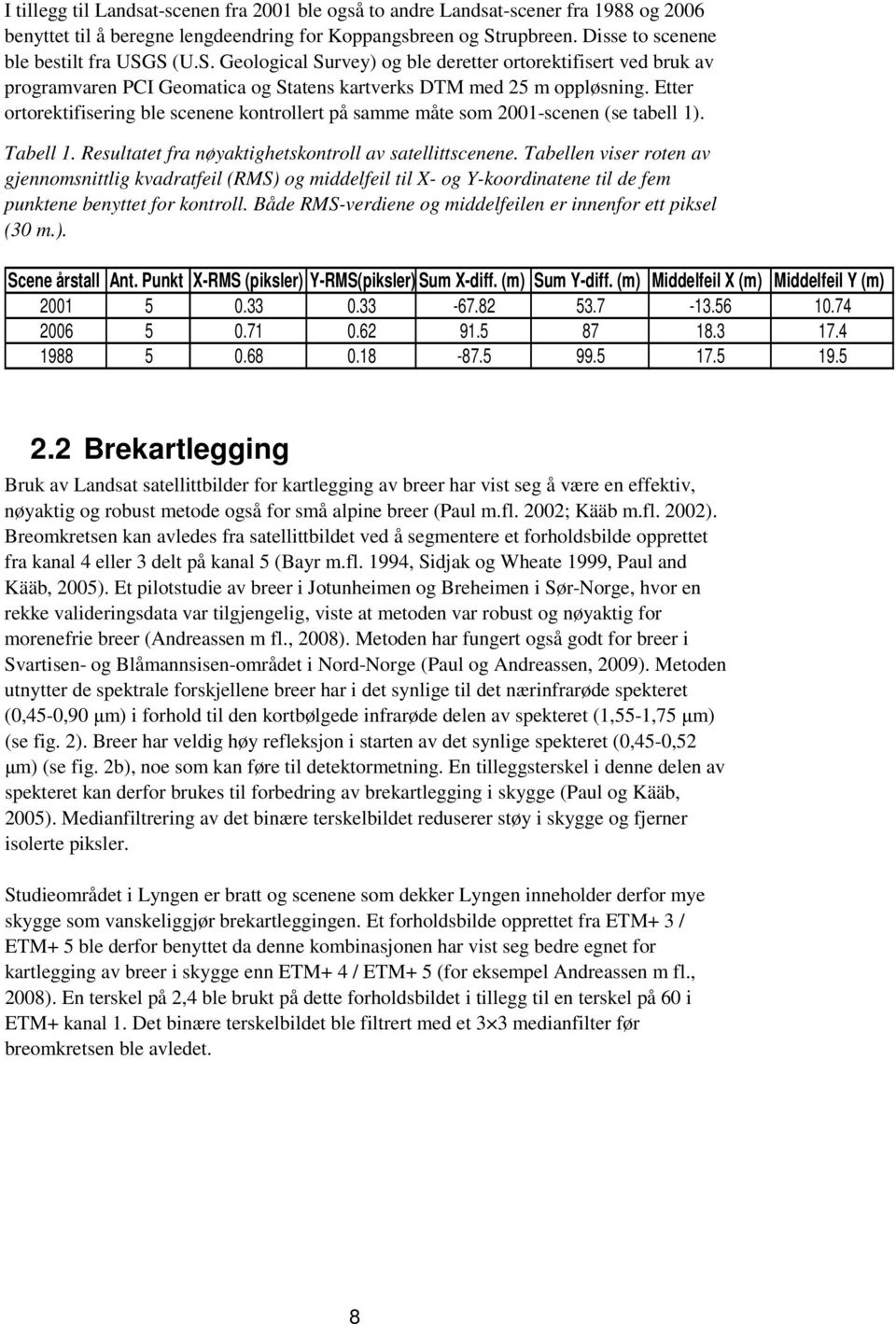 Etter ortorektifisering ble scenene kontrollert på samme måte som 2001-scenen (se tabell 1). Tabell 1. Resultatet fra nøyaktighetskontroll av satellittscenene.