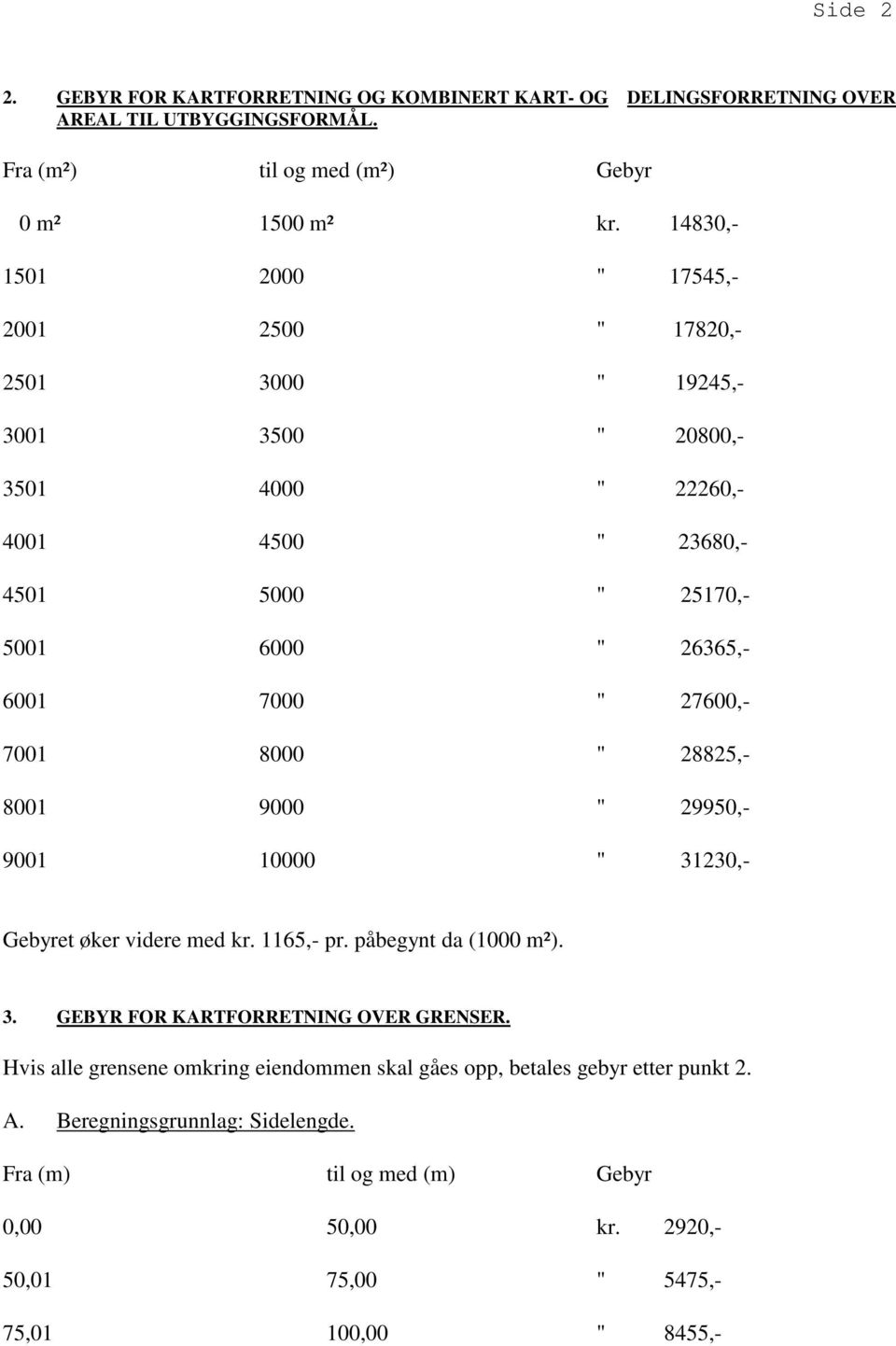 27600,- 7001 8000 " 28825,- 8001 9000 " 29950,- 9001 10000 " 31230,- Gebyret øker videre med kr. 1165,- pr. påbegynt da (1000 m²). 3. GEBYR FOR KARTFORRETNING OVER GRENSER.