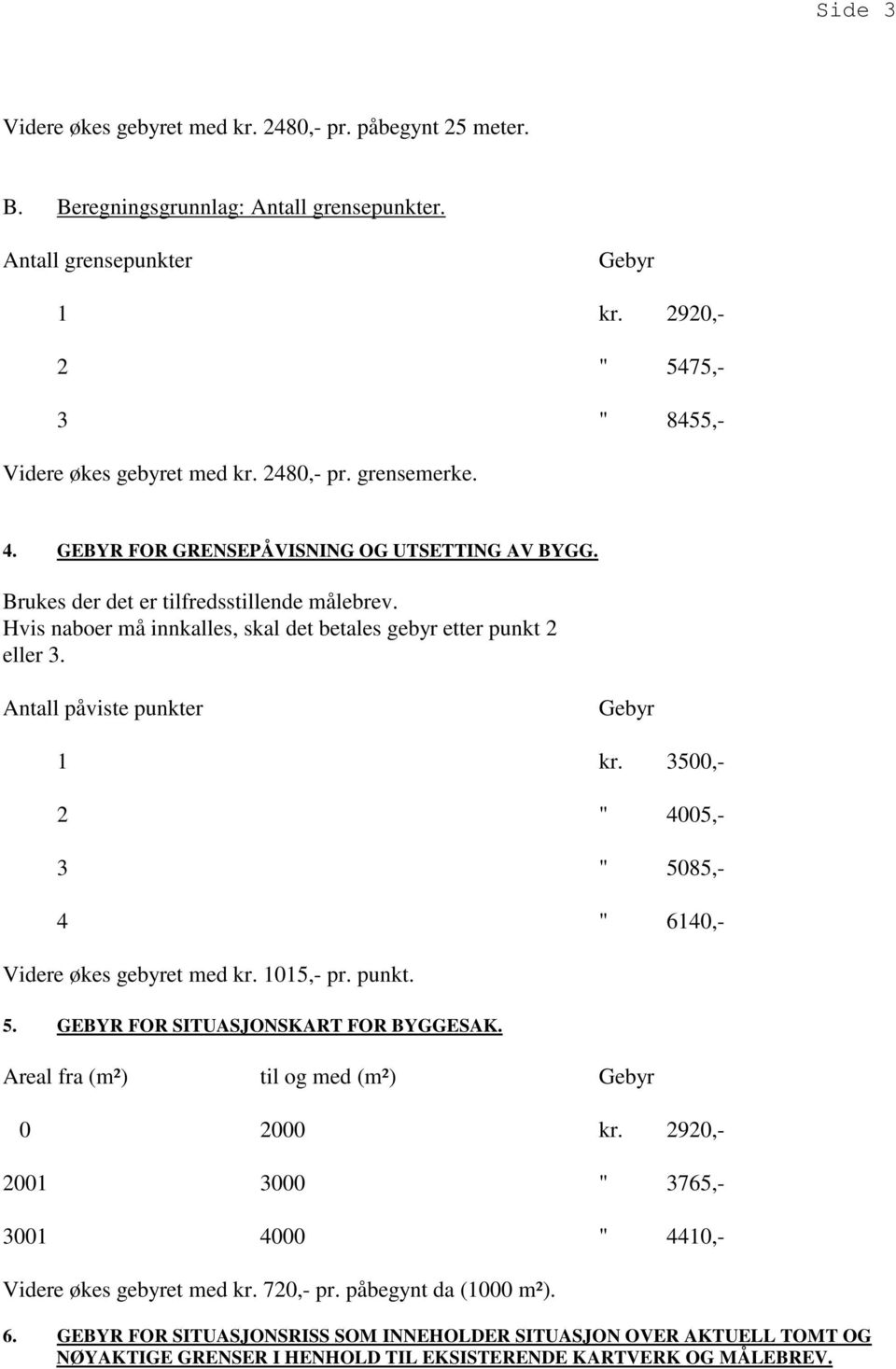 Antall påviste punkter Gebyr 1 kr. 3500,- 2 " 4005,- 3 " 5085,- 4 " 6140,- Videre økes gebyret med kr. 1015,- pr. punkt. 5. GEBYR FOR SITUASJONSKART FOR BYGGESAK.