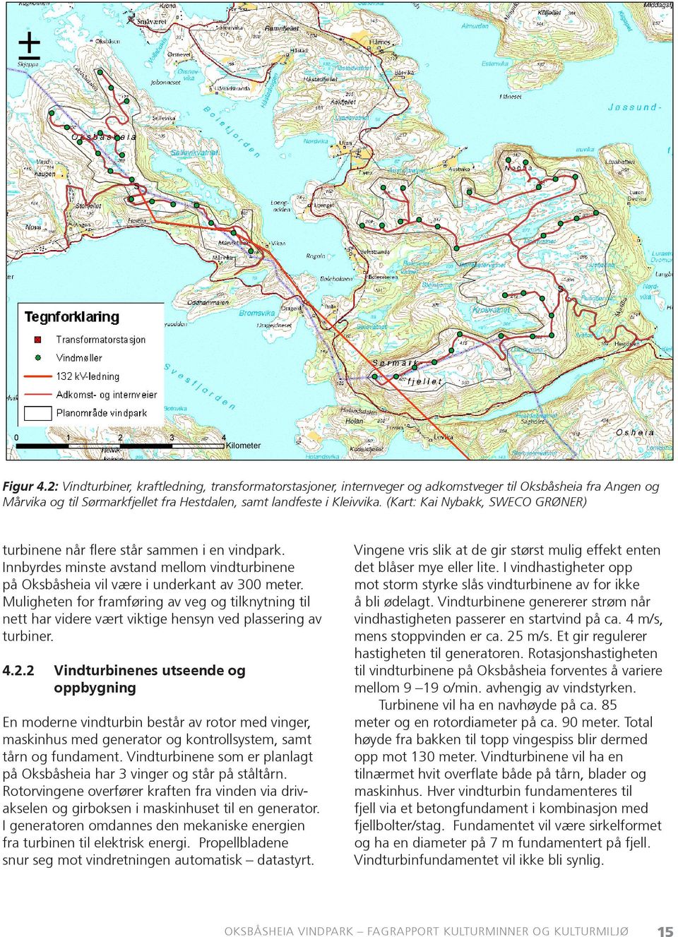 (Kart: Kai Nybakk, SWECO GRØNER) turbinene når flere står sammen i en vindpark. Innbyrdes minste avstand mellom vindturbinene på Oksbåsheia vil være i underkant av 300 meter.