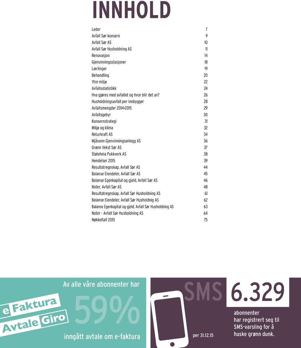 26 Husholdningsavfall per innbygger 28 Avfallsengder 2014<2015 29 Avfallsgebyr 30 Konsernstrategi 31 Miljø og klia 32 Returkraft AS 34 Mjåvann Gjenvinningsanlegg AS 36 Grønn Vekst Sør AS 37 Støleheia