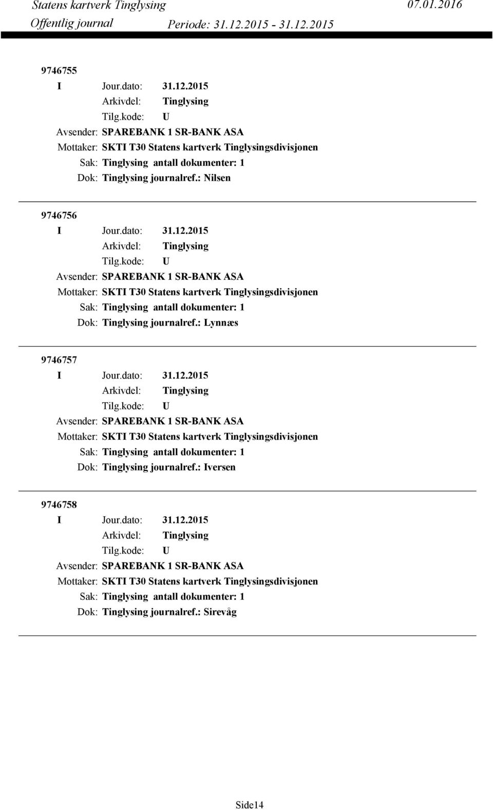 : Lynnæs 9746757 Avsender: SPAREBANK 1 SR-BANK ASA Dok: Tinglysing journalref.