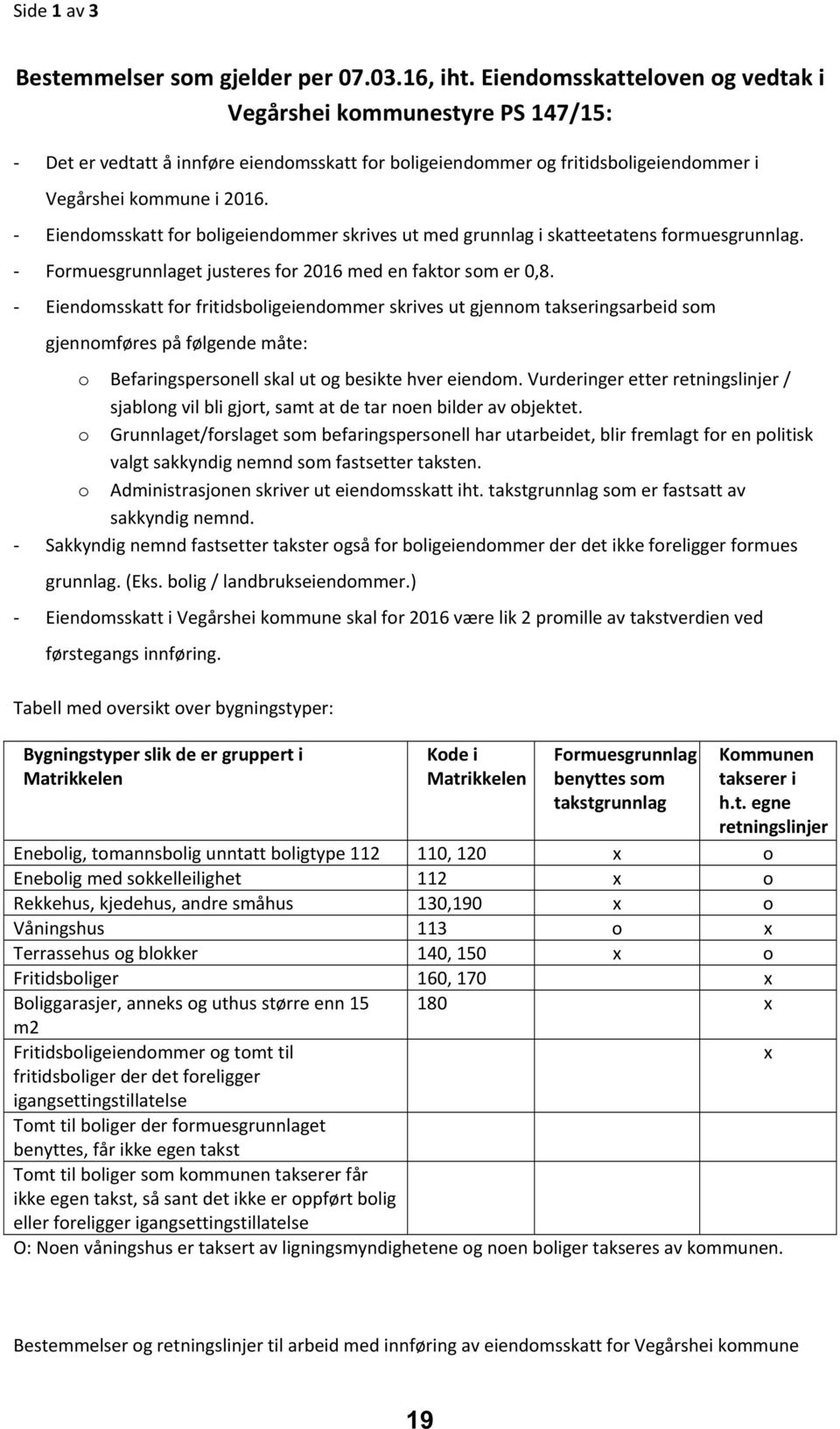 Eiendomsskatt for boligeiendommer skrives ut med grunnlag i skatteetatens formuesgrunnlag. Formuesgrunnlaget justeres for 2016 med en faktor som er 0,8.