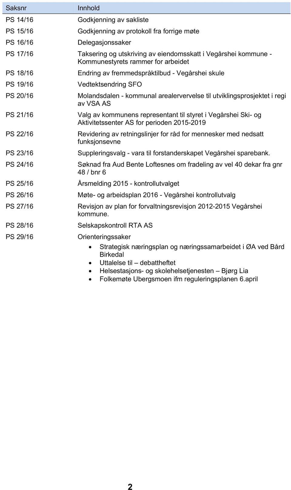 Vedtektsendring SFO Molandsdalen - kommunal arealervervelse til utviklingsprosjektet i regi av VSA AS Valg av kommunens representant til styret i Vegårshei Ski- og Aktivitetssenter AS for perioden