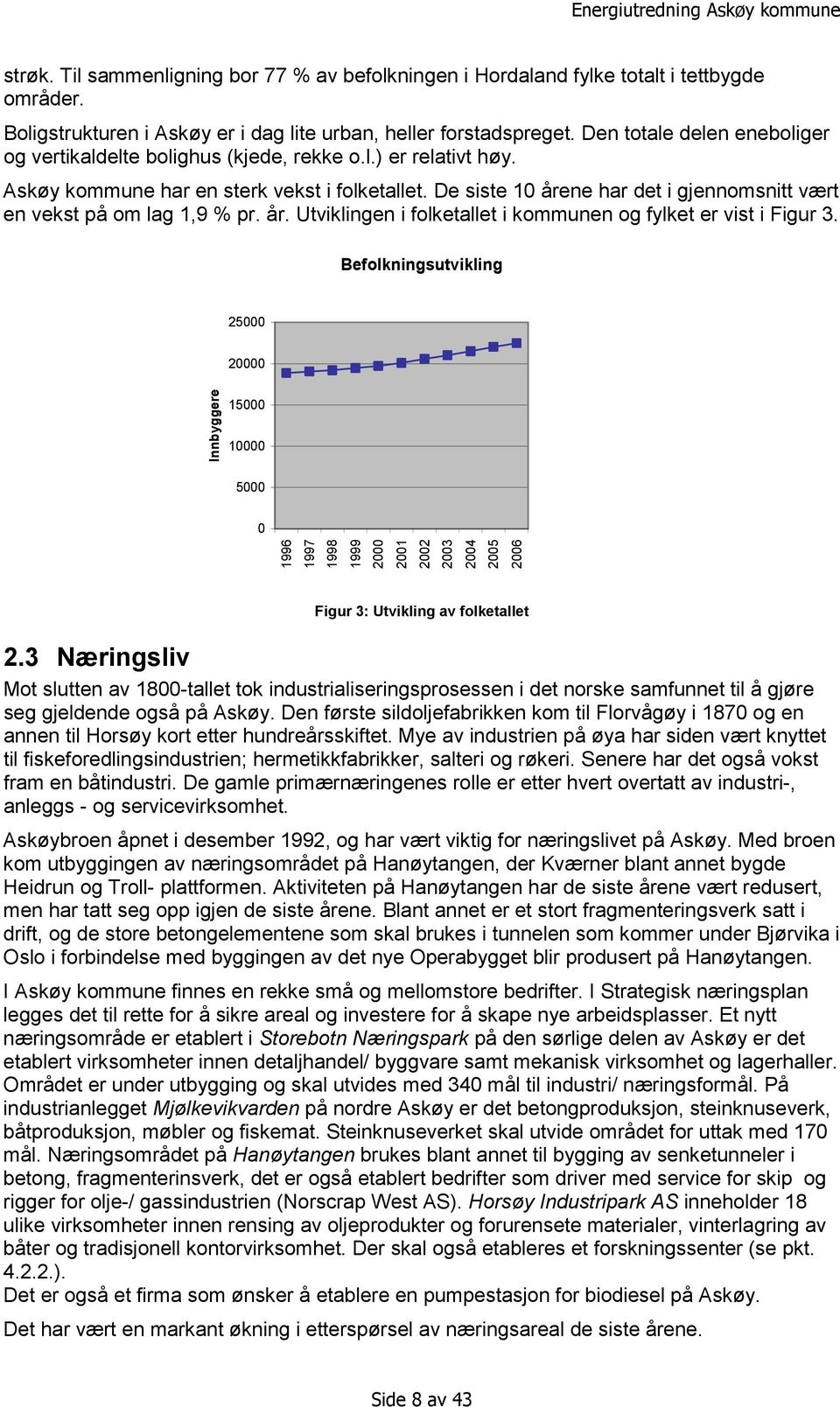 De siste 10 årene har det i gjennomsnitt vært en vekst på om lag 1,9 % pr. år. Utviklingen i folketallet i kommunen og fylket er vist i Figur 3.