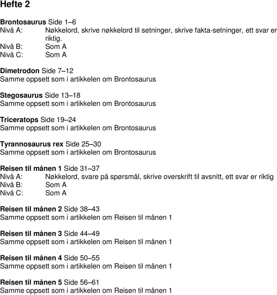 Brontosaurus Tyrannosaurus rex Side 25 30 Samme oppsett som i artikkelen om Brontosaurus Reisen til månen 1 Side 31 37 Nivå A: Nøkkelord, svare på spørsmål, skrive overskrift til avsnitt, ett svar er