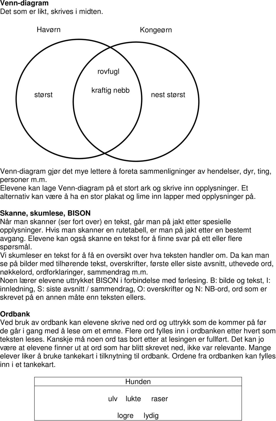 Skanne, skumlese, BISON Når man skanner (ser fort over) en tekst, går man på jakt etter spesielle opplysninger. Hvis man skanner en rutetabell, er man på jakt etter en bestemt avgang.