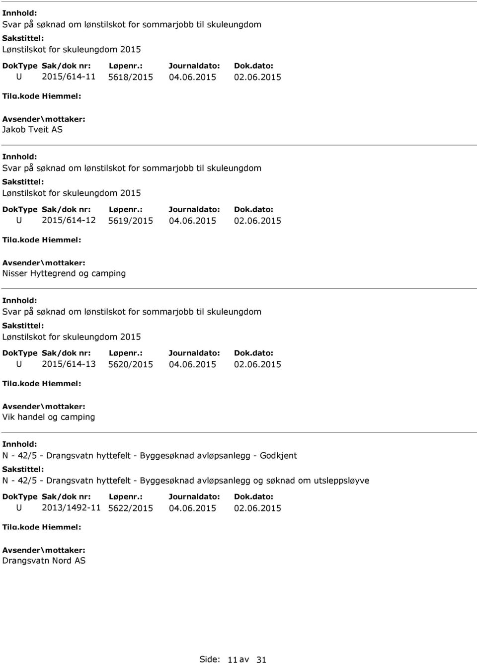 for sommarjobb til skuleungdom Lønstilskot for skuleungdom 2015 2015/614-13 5620/2015 Vik handel og camping N - 42/5 - Drangsvatn hyttefelt - Byggesøknad