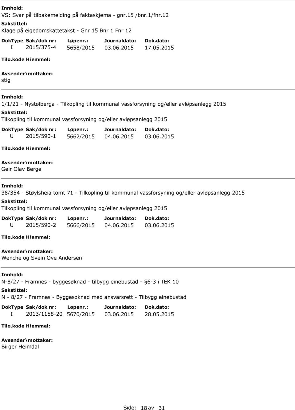 Geir Olav Berge 38/354 - Støylsheia tomt 71 - Tilkopling til kommunal vassforsyning og/eller avløpsanlegg 2015 Tilkopling til kommunal vassforsyning og/eller avløpsanlegg 2015 2015/590-2