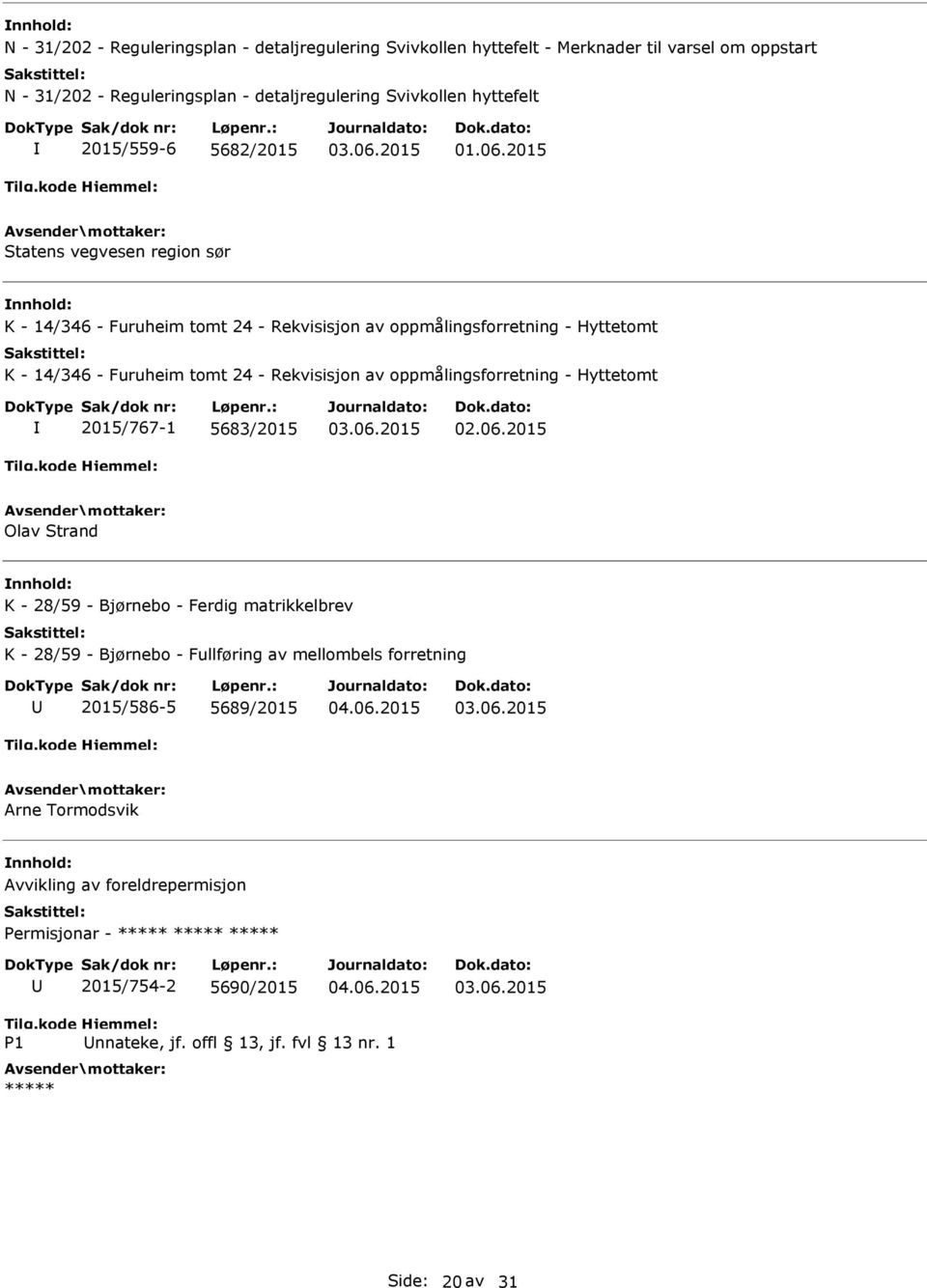 - Rekvisisjon av oppmålingsforretning - Hyttetomt 2015/767-1 5683/2015 Olav Strand K - 28/59 - Bjørnebo - Ferdig matrikkelbrev K - 28/59 - Bjørnebo - Fullføring av