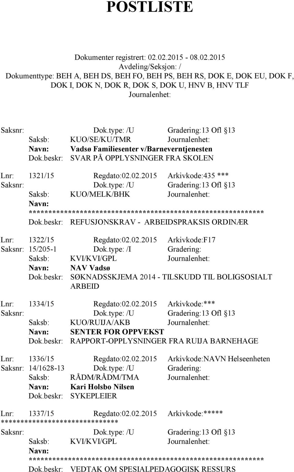 type: /I Gradering: Saksb: KVI/KVI/GPL NAV Vadsø Dok.beskr: SØKNADSSKJEMA 2014 - TILSKUDD TIL BOLIGSOSIALT ARBEID Lnr: 1334/15 Regdato:02.02.2015 Arkivkode:*** Saksnr: Dok.