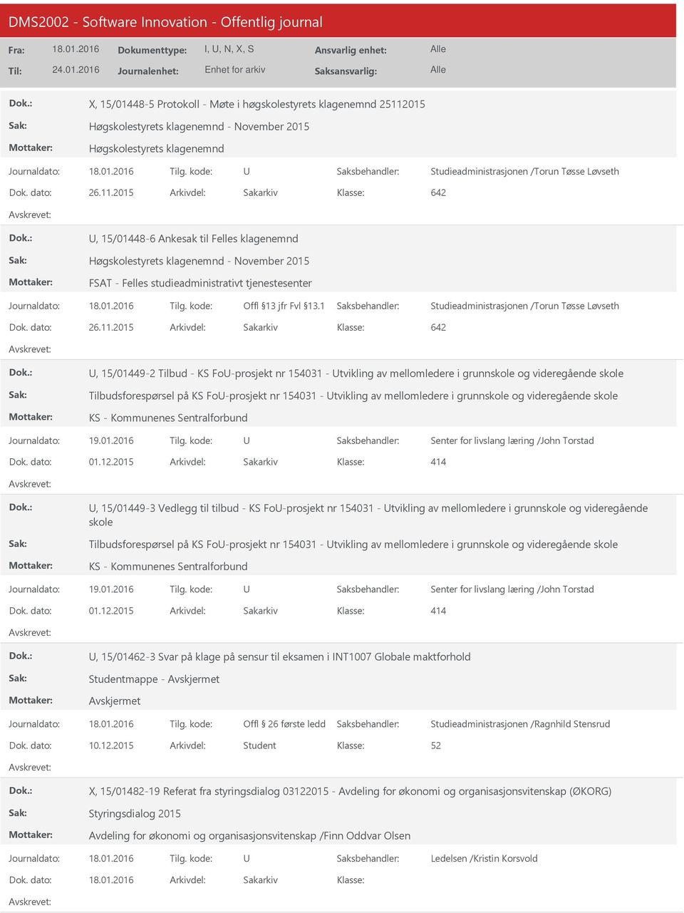 2015 Arkivdel: Sakarkiv 642, 15/01448-6 Ankesak til Felles klagenemnd Høgskolestyrets klagenemnd - November 2015 FSAT - Felles studieadministrativt tjenestesenter Studieadministrasjonen /Torun Tøsse