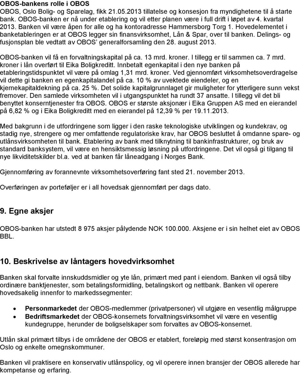 Hovedelementet i banketableringen er at OBOS legger sin finansvirksomhet, Lån & Spar, over til banken. Delings- og fusjonsplan ble vedtatt av OBOS generalforsamling den 28. august 2013.