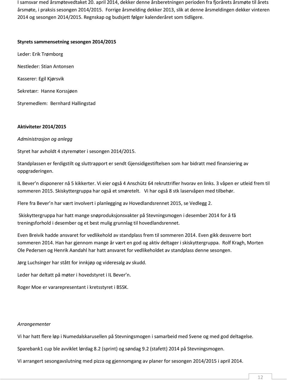 Styrets sammensetning sesongen 2014/2015 Leder: Erik Trømborg Nestleder: Stian Antonsen Kasserer: Egil Kjørsvik Sekretær: Hanne Korssjøen Styremedlem: Bernhard Hallingstad Aktiviteter 2014/2015