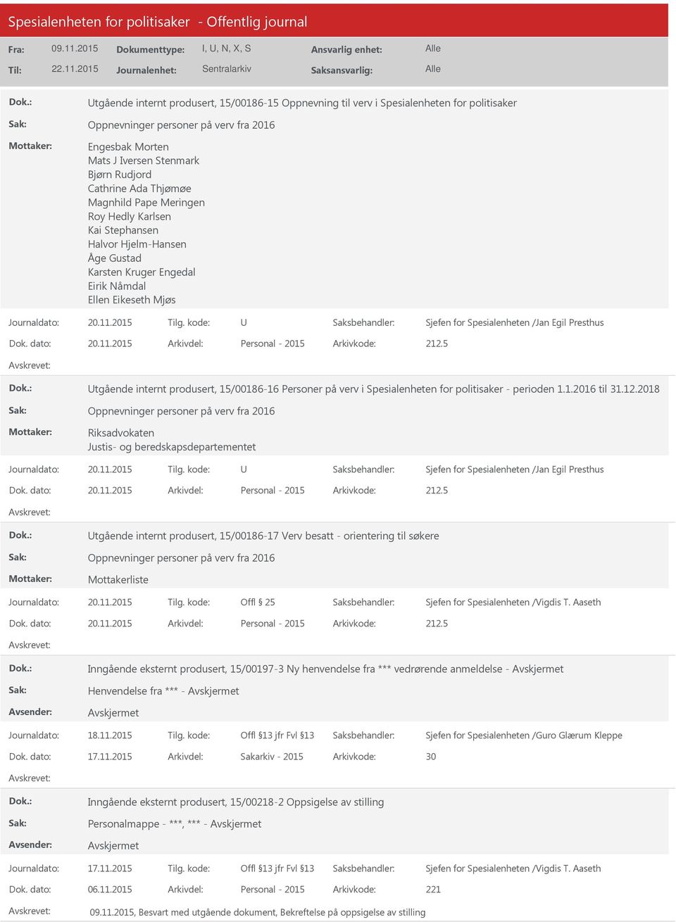 2015 Arkivdel: Personal - 2015 Arkivkode: 212.5 tgående internt produsert, 15/00186-16 Personer på verv i Spesialenheten for politisaker - perioden 1.1.2016 til 31.12.2018 Oppnevninger personer på verv fra 2016 Riksadvokaten Justis- og beredskapsdepartementet Dok.