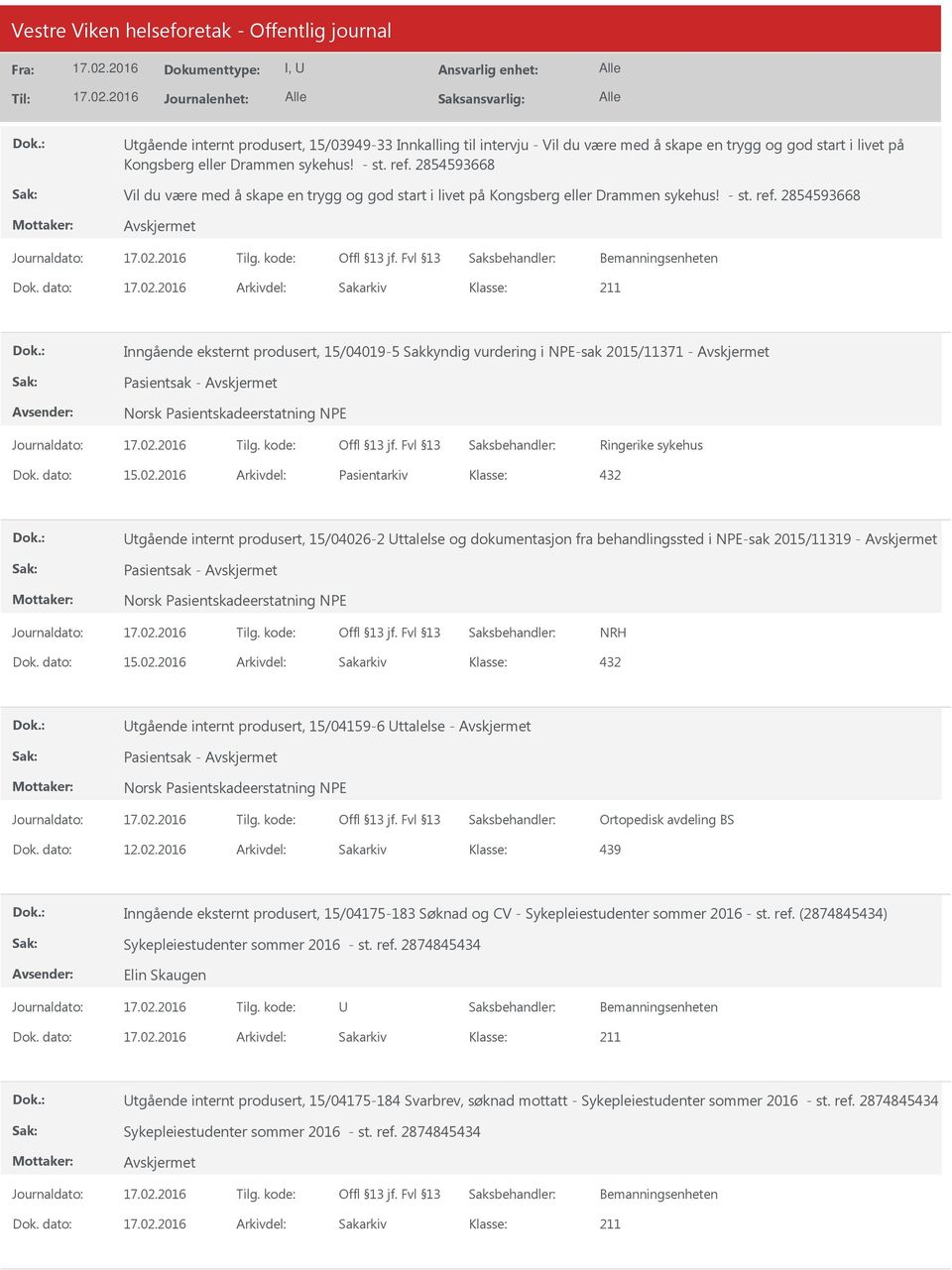 dato: Arkivdel: Sakarkiv Inngående eksternt produsert, 15/04019-5 Sakkyndig vurdering i NPE-sak 2015/11371 - Pasientsak - Ringerike sykehus Dok. dato: 15.02.