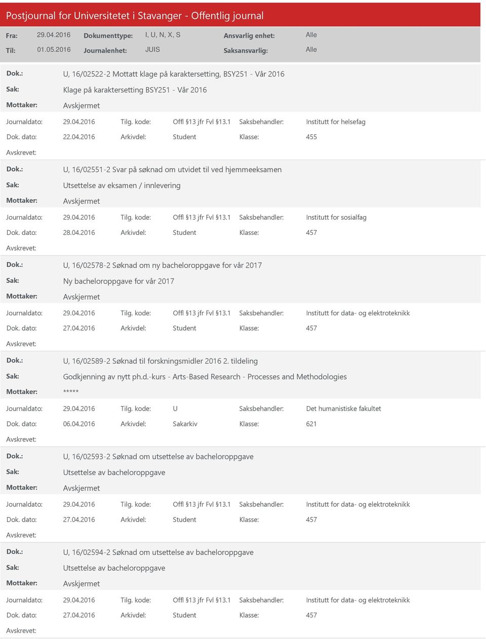 2016 Arkivdel: Student, 16/02551-2 Svar på søknad om utvidet til ved hjemmeeksamen tsettelse av eksamen / innlevering Institutt for sosialfag 457, 16/02578-2 Søknad om ny bacheloroppgave for vår 2017